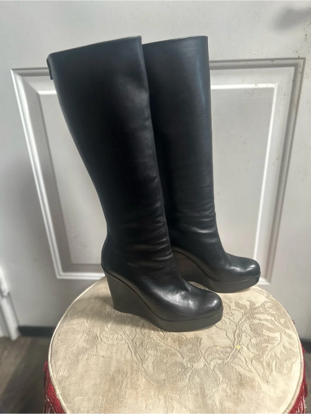 Christian Loubotin Black Tall Smooth chunky wedge platform Leather boots Sz 38